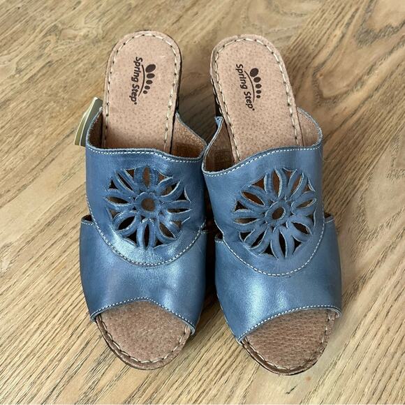 NWT Spring Step Blue Leather Sunburst Wedge Bohemian Sandal Size 38/Women’s 7.5 - Picture 6 of 11